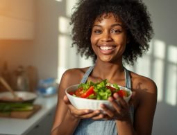 _A cheerful young woman preparing a colorful healthy meal with fresh vegetables and fruits in a bright modern kitchen, holding a bowl of salad, natural lighting, vibrant colors, ultra-realistic DSLR (1)