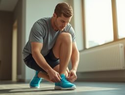 A motivated young man tying his sneakers before a home workout, wearing fitness gear, looking determined and focused, minimalist modern living room, warm natural light, hyper-realistic fitness photo, 4K_